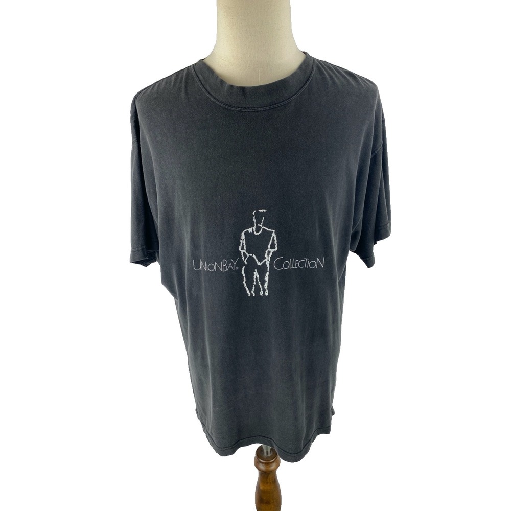 Union Bay Mens Vtg 80s L Graphic T-Shirt Skater Faded Black Spellout Tee‎